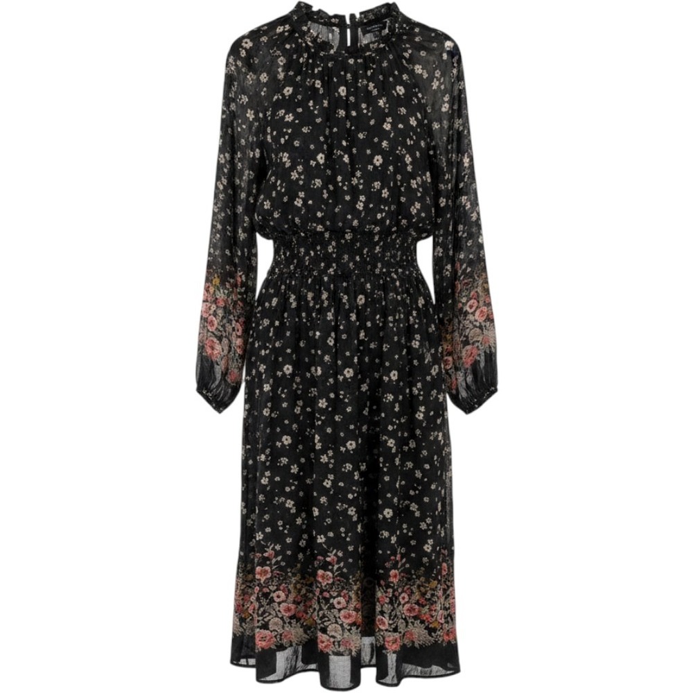 Current Air Dress Women Large Black Floral Smocked Long Sleeve Midi Boho Flowy